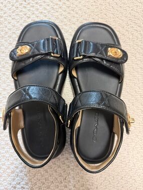 Coach Black Leather Slide Sandals with Gold Hardware
